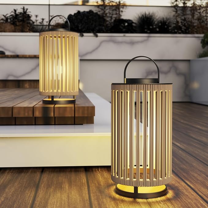 Outdoor Solar Lanterns Outdoor Hollowed-Out LED Floor Lights Aluminum Braided Rope Lantern with Handle for Patio Yard Pathway Yellow