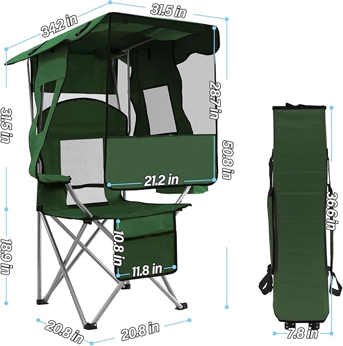 ptlsy Folding Camping Chair with Canopy Beach Chair with Canopy Shade with Cup Holders Cooler Bag for Camping Fishing Beach Sports and Concert (Green)