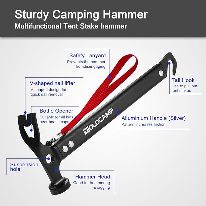 8 Pack Tent Stakes and Hammer with Canvas Storage Bag Heavy Duty Camping Stakes for Outdoor Tent &amp tarp-Essential Accessories Carbon Steel Aluminum Camping Hammer for Hiking Kit