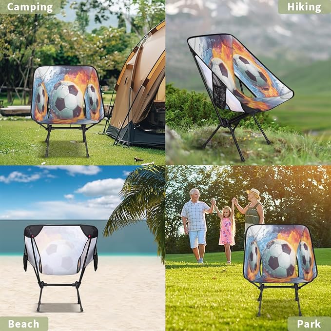 Ice Fire Collision Soccer Camping Chair Folding Backpacking Chair Portable Lightweight Outdoor Chairs with Side Pockets for Hiking Beach Picnic