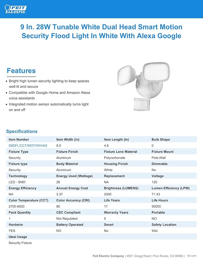Feit Electric Smart Outdoor Flood Lights with Motion Sensor 28W LED WiFi Security Light with Dusk to Dawn Compatible with Alexa and Hey Google Tunable White 2 Head Hardwired S9DFL/CCT/MOT/WH/AG