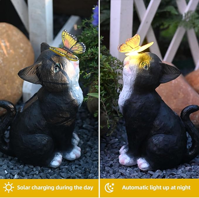Cat Garden Figurines Outdoor Decor Solar Statue with LED Lights for Patio Lawn Yard Art Decoration Housewarming Garden Gift