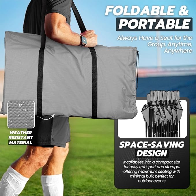 Flexzion Portable Folding Bench Seat 6 Seater Collapsible Soccer Bench Portable Bench Seats for Bleachers Camping Sideline with Back Rest and Carrying Bag Gray