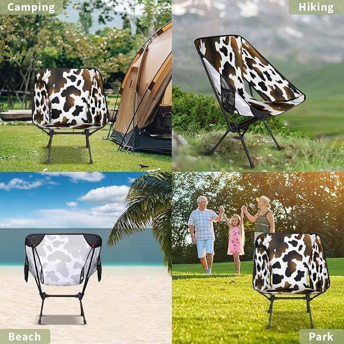 Animal Cow Pattern Print Black Camping Chair Lightweight Portable Chairs for Adults Easy Installation Outdoor Foldable Camping Chair for Camping Fishing Hiking Picnic Beach