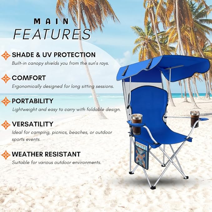Portable Folding Camping Chairs with Canopy Shade Beach Chair for Adults Durable Weather Resistant 600D Oxford Cloth Camping Chair with Canopy for Outdoors [Blue]