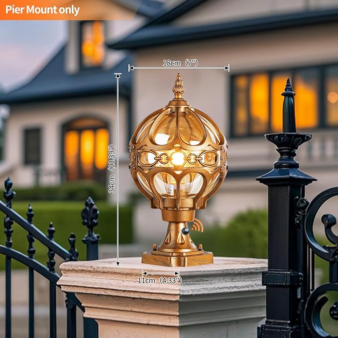 2Pack Dusk to Dawn Gold Outdoor Post Lights Exterior Waterproof Rustproof Sphere Outside Post Lamps Fixture Farmhouse Aluminum Pillar Lantern for Porch House Pathway Fence Yard Garden Patio