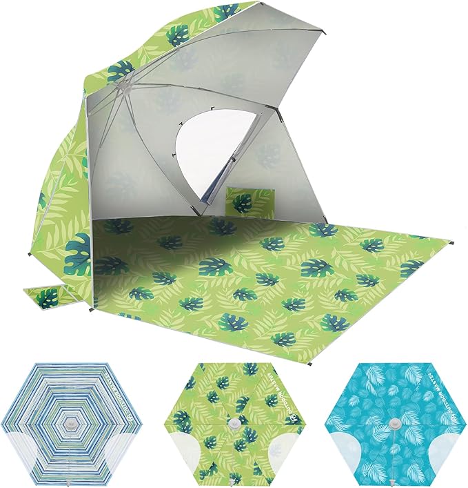 OutdoorMaster Pop Up Beach Umbrella Portable Beach Tent Shelter Beach Shade Sun Canopy with UPF 50+ UV Protection Extendable Floor with Carrying Bag