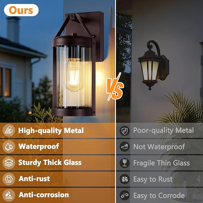 2-Pack Outdoor Wall Lights Waterproof Light Fixtures Wall Mount with Clear Ribbed Glass Modern Brown Exterior Wall Sconce Front Porch Outside Lights for House Patio Garage Bulbs Not Included