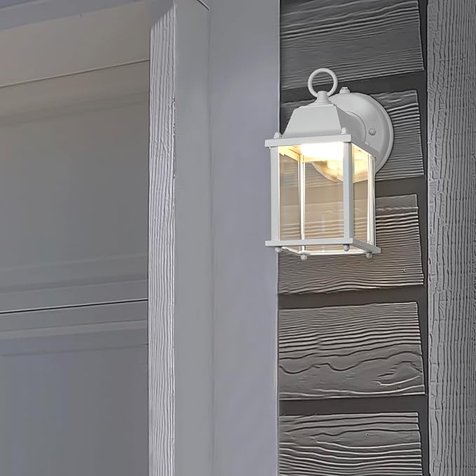 Maxxima LED Porch Lantern Outdoor Wall Light - White with Clear Glass 3000K Warm White 650 Lumens Dusk to Dawn Photocell Light Sensor Patio or Porch Sconce Fixture Exterior Lighting - White