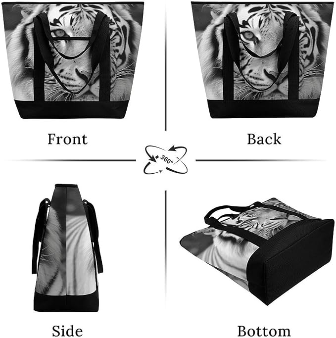 Insulated Shopping BagLarge Reusable Cooler Bags Black White Tiger Printed Foldable Shopping BagTravel Waterproof Shoulder Bag