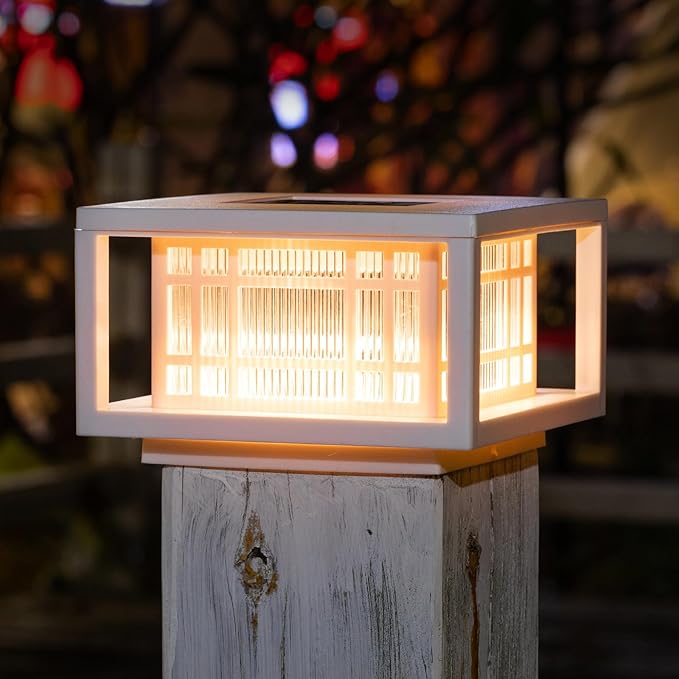 HUYIENO Solar Post Cap Lights Large Outdoor Deck Fence Post Lights 50Lumens Brightness Warm/Bright White Lighing Modes for 4x4 5x5 Vinyl Posts 4x4 5x5 6x6 Wooden Posts (White 2pk)