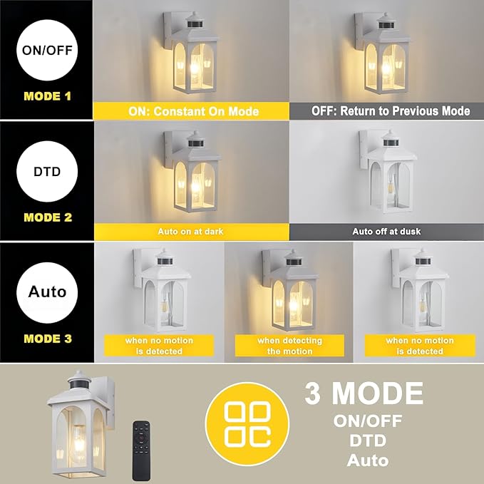 Porch Light with GFCI Outlet: Motion Sensor Porch Lights Outdoor with Remote Control Dusk to Dawn Exterior Lighting Fixtures White Modern Outdoor Wall Lights for House Garage Patio Front Door
