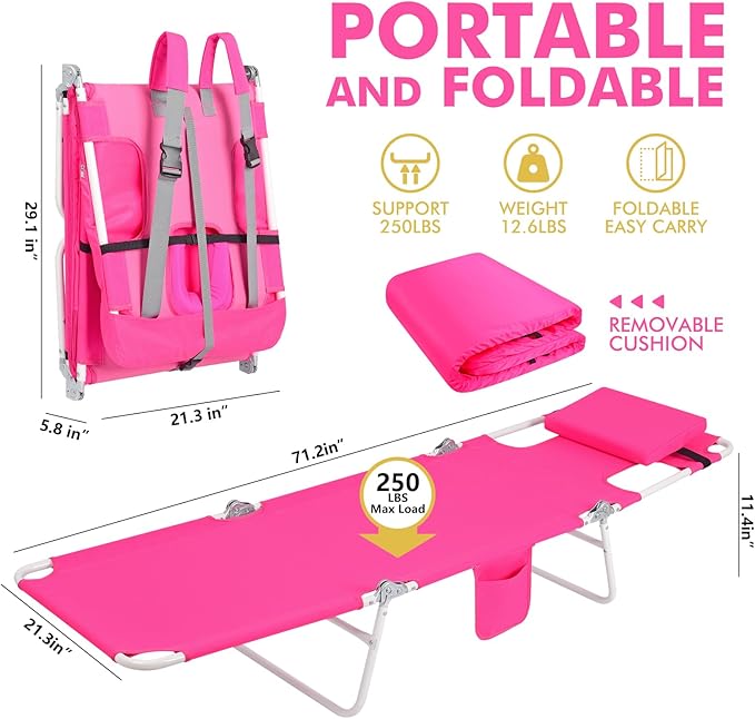 3 in 1 Women Comfort Backpack Beach Tanning Lounge Chair with Cushion Face Hole Softer Adjustable Washable Layout Sun Chair for Adults Outside Reading Sunbathing Poolside 6 Position 2 Pack Pink