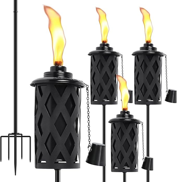 4 Pack Citronella Torches for Outside 16 Oz Outdoor Garden Torches with 5-Prong Grounded Stake 59 Inch Metal Torch for Home Décor Outside Torches for Backyard Garden Patio