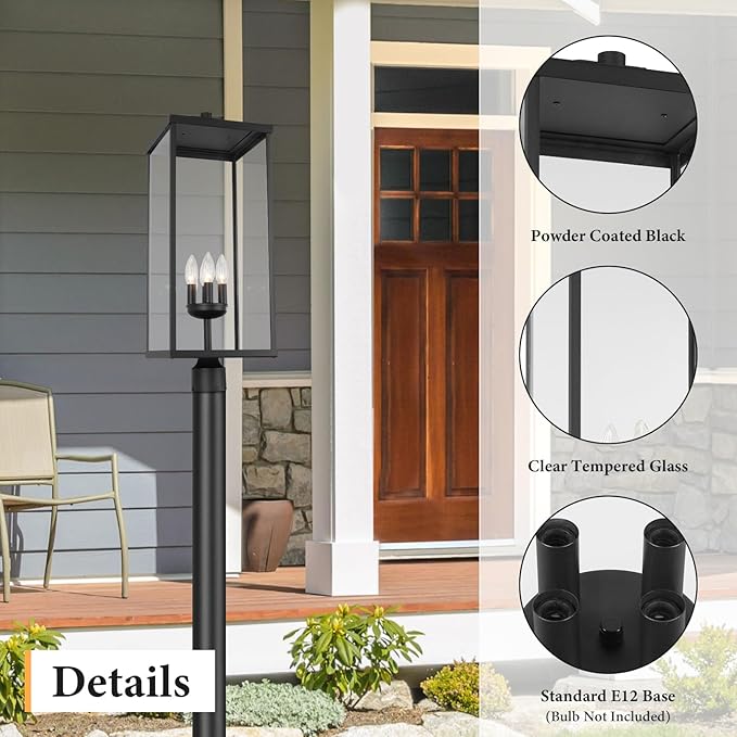 Outdoor Post Light Fixture Modern Exterior Square Pillar Lantern with Black Finish &amp Clear Glass Transitional Pier Mount Lamp Pole Light for Garden Backyard Patio Pathway RZ008XL-P