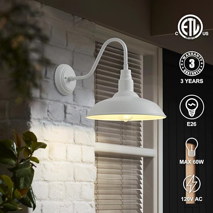 2 Pack 14in Barn Gooseneck Lights for House White Outdoor Farmhouse Wall Light Fixture for Porch Exterior Patio Wall Sconce for Front Door Garage