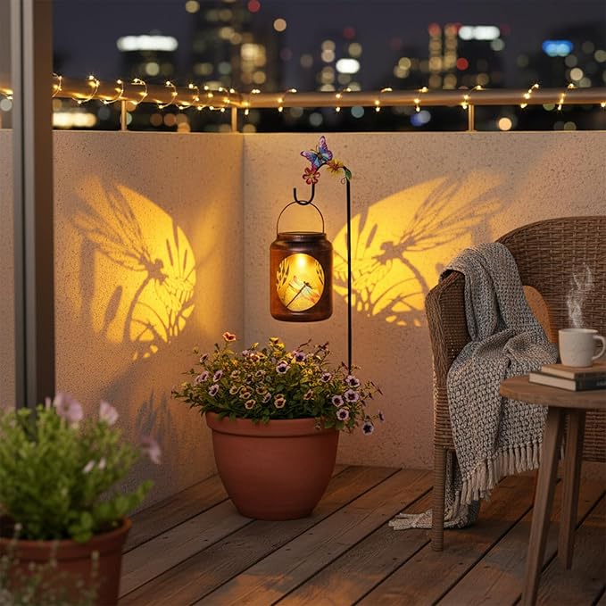 Dragonfly Patterns Metal Solar Lantern with Resin Dragonfly InsideOutdoor Garden Decor with Shepherds Hook for Yard Patio Backyard PorchGifts for Mom Women Grandma
