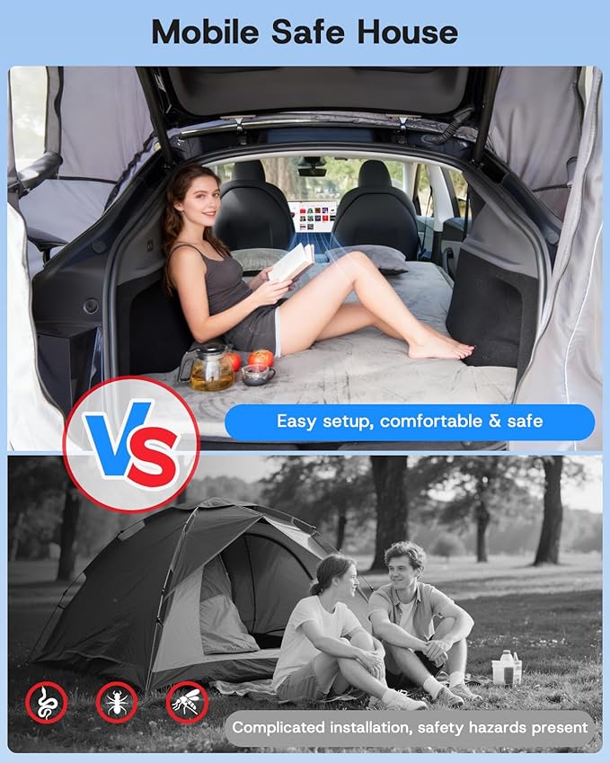Tailgate Camping Tent for Tesla Model Y 2020-2024 Accessories [UPF50+ &amp Waterproof PU 3000mm] 420D Oxford Fabric Car Tailgate Shade Awning with Screen Net Suitable for 2-4 Person - Grey