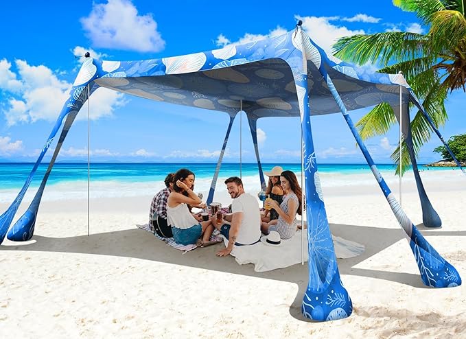 Beach Tent Sun Shelter 10x10ft Beach Canopy Easy Pop Up Sun Shade Portable UPF50+ with 8 Sandbags-2 Sand Shovel-4 Aluminum Poles-Ground Pegs for Outdoor Family Camping Fishing Backyard Picnic