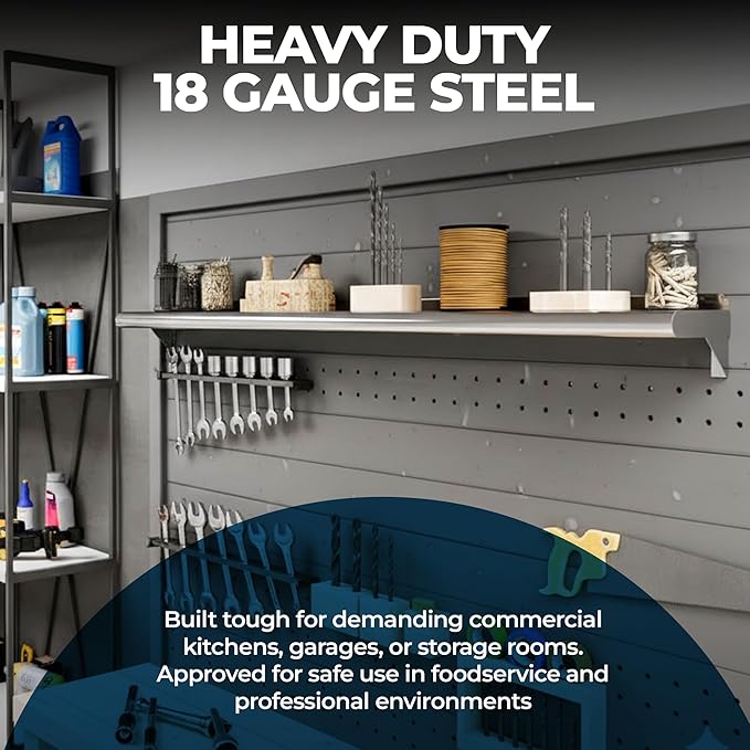 Stainless Steel Wall Shelf | Metal Shelving | Garage Laundry Storage Utility Room | Restaurant Commercial Kitchen | NSF Certified | (24” x 60”)