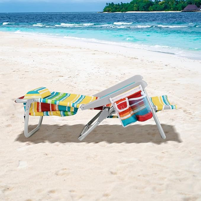 COSTWAY Backpack Beach Chair Foldable Camping Chair with 5 Adjustable Position Cup Holder Storage Pockets Straps Towel Rack Pillow for Patio Outdoor (Color Stripe1)