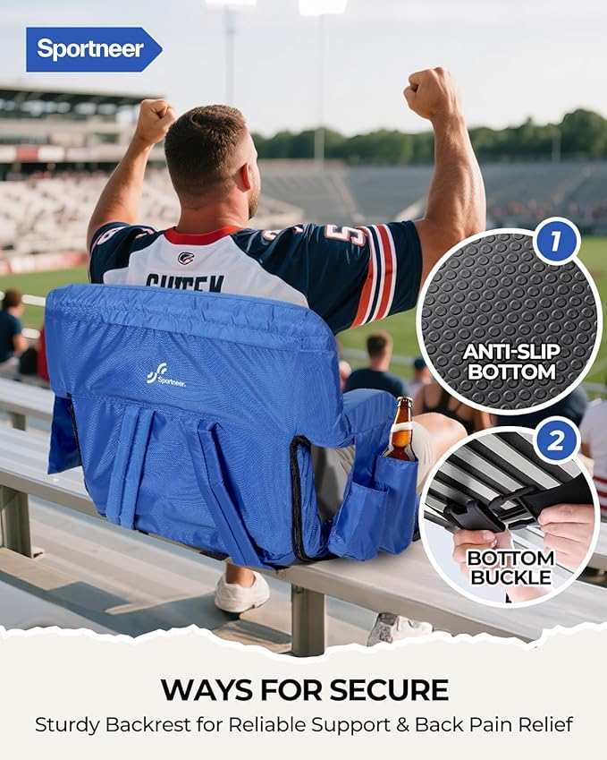 Sportneer Stadium Seats with Back Support: 2.5'' Thick Comfy Cushion 6 Adjustable Angle Bleacher Seat with Armrest - 2 Large Pockets 2 Cup Holders Stadium Chair for Sport Events Concerts Parks