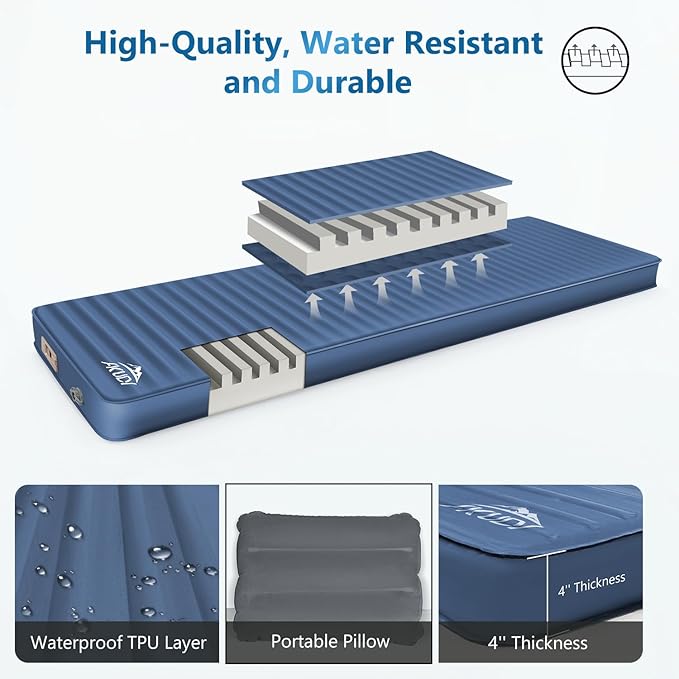 Self Inflating Sleeping Pad with Electric Pump 4 Ultra-Thick Memory Foam Camping Pad with Pillow 9.5 R-Value Insulated Camping Mattress Navy Blue