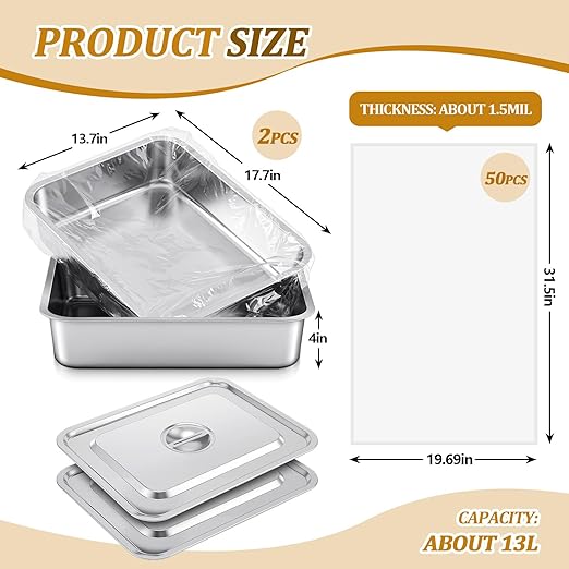 2 Pack 13 L Stainless Steel Commercial Bus Tubs with Lid and 50 Pack Plastic LDPE Meat Lug Liners Food Grade Meat Processing Tubs Lug for Dishwashing Kitchen Restaurant Utility