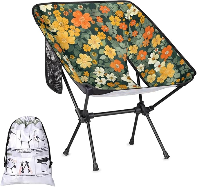 Flowers Green Portable Camping Chair Folding Chairs for Outside Lightweight Backpacking Chair Outdoor Collapsible Beach Chairs for Adults Fishing Lawn Picnic Travel Hiking
