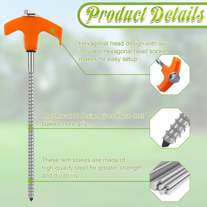 20 Pcs 8 Heavy Duty Screw in Tent Stakes with Hex Heads and Storage Box Metal Threaded Tent Stakes Ground Anchors for Camping Swing Canopies (Orange)