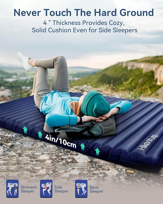 Hikenture Double Sleeping Pad for Camping 4 Extra-Thick Camping Mattress 2 Person Inflatable &amp Ultralight Sleeping Mat for Backpacking Hiking (Navy Pumpsack Full XL)