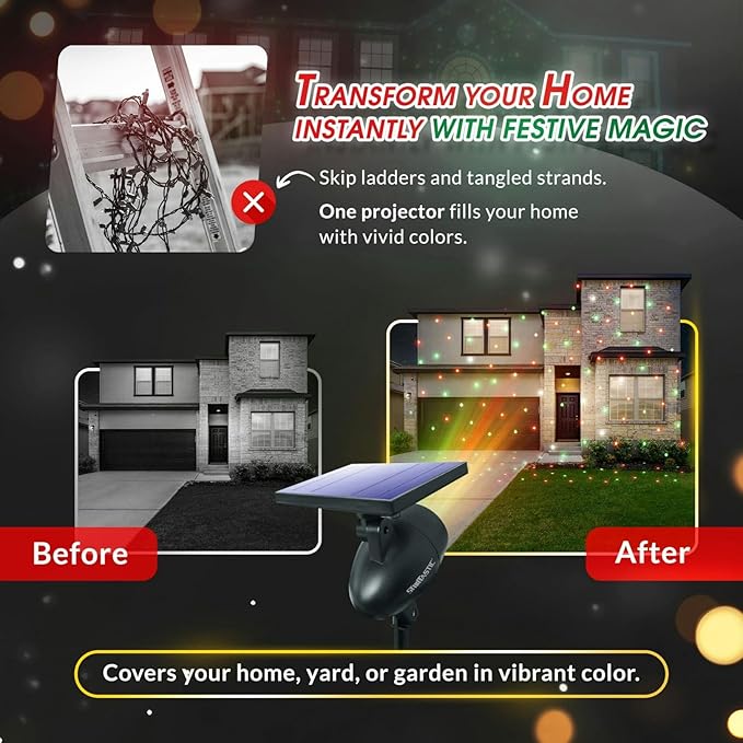 STARTASTIC Solar Christmas Light Show Projector - Laser Outdoor Christmas Projector Lights Covers 600 Sq Ft Wireless with Remote Control Waterproof 5 Modes for House Yard Holiday Party