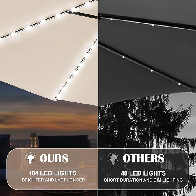 Sundale Outdoor Olefin 5-Year-Non-Fading Solar 104 LED 11FT Solar Patio Umbrella with Sand Bag Base Outdoor Umbrella with Tilt and Crank Beige