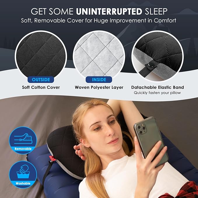 Hikenture Camping Pillow with Removable Cover - Ultralight Inflatable Pillow for Neck Lumbar Support - Upgrade Backpacking Pillow - Washable Travel Air Pillows for Camping Hiking Backpacking