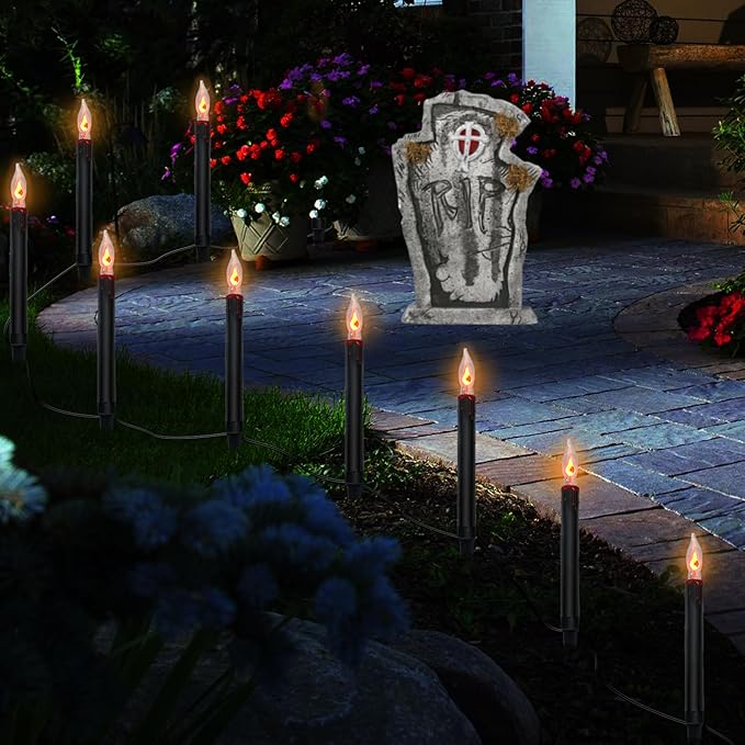 SUNSGNE Halloween Pathway Marker String Lights - 19.5Ft Outdoor Walkway Lights with 10 Black Blood Tears Candle Light Stakes for Lawn Yard Sidewalk Garden Decoration