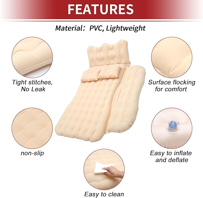 ACROPIX Inflatable SUV Truck Car Air Mattress Back Seat Camping Bed Thickened Car Sleeping Pad for Travel Car Bed SUV Mattress with Car Air Pump and Pillows Beige