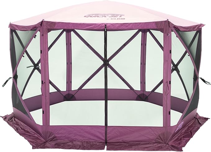 CLAM Pop-Up Screen Tent 11.5' Outdoor Camping Gazebo Portable 6-Sided Canopy with Ground Stakes &amp Carry Bag Escape Plum