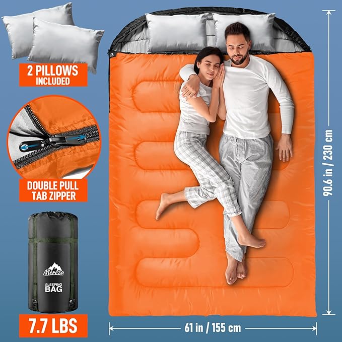 MEREZA Double Sleeping Bag for Adults Mens with Pillow XL Queen Size Two Person Sleeping Bag for All Season Camping Hiking Backpacking 2 Person Sleeping Bags for Cold Weather &amp Warm