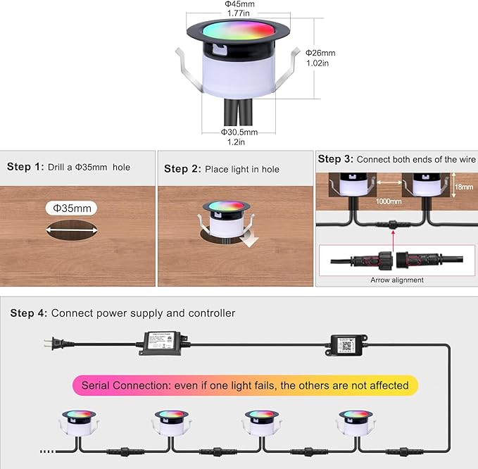 FVTLED Recessed LED Deck Lights Kit Φ1.77 Low Voltage WiFi Pixel RGBW+IC Deck Lighting Work with Alexa/Google Home IP67 Waterproof Outdoor Step Lights DC12V for GardenStepsStair(50 Pack Black)