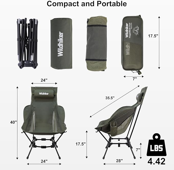 Wildhiker Compact High Back Camping Chair - Foldable with Dual Sitting Modes Pillow Arm Pads and Side Pockets - Lightweight Portable Chair for Motorcycle RV Festival Travel - Green