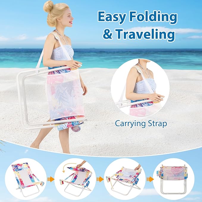 Giantex 2-Pack Folding Beach Chair Low Lawn Chairs with Padded Head Pillow Mesh Back Cup Holder and Armrests Portable Outdoor Lounge Chair for Camping Sunbathing Picnic Fishing