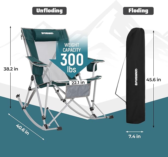 FUNDANGO Rocking Camping Chair 2 Pack High Mesh Back Portable Folding Camp Chairs with Pillows Cup Holder and Carry Bag for Lawn Patio Garden Outdoor Supports 300 Lbs (Green/Grey)