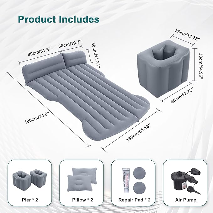 Car Air Mattress Inflatable Bed Compatible with Tesla Model Y Thickened Flocking Camping Air Bed with Air Pump 2 Pillows 2 Piers Car Sleeping Pad for Tent Outdoor and Travel