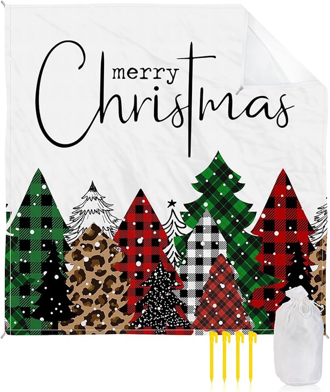 Beach Blanket Waterproof Sandproof OversizedChristmas Tree Classic Tartan Beach Mat with Corner Stakes Sand PocketsRed Black Farmhouse Buffalo Plaid Outdoor Picnic Mat for Travel Camping 95x80In