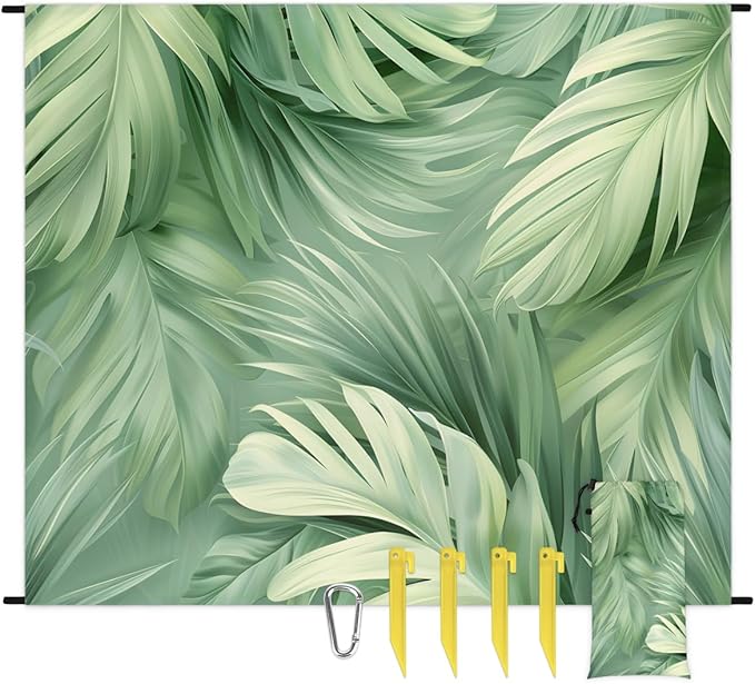 Waterproof Sandproof Beach Blanket 59''×68'' Coconut Leaves Polyester Outdoor Picnic Blanket with 4 Stakes &amp Storage Bag for BeachCampingVacation Winter Green