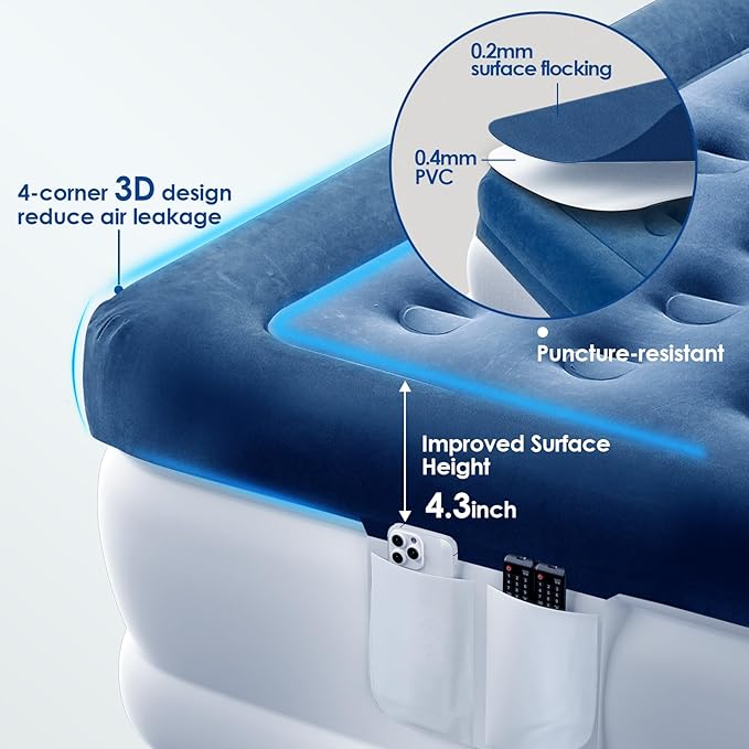 MoKo Air Mattress Queen with Built in Pump 18'' Luxury Inflatable Mattress 3 Min Fast Blow up Mattress with Dual-Chamber Comfort Top - Velvety Air Bed for Home Camping Travel Guests White/Blue