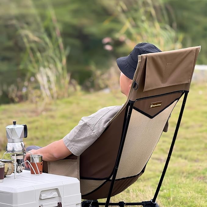 MellowCamp High Back Camping Chair Oversized Comfort Design Collapsible Camp Chair with Pillow (Brown)
