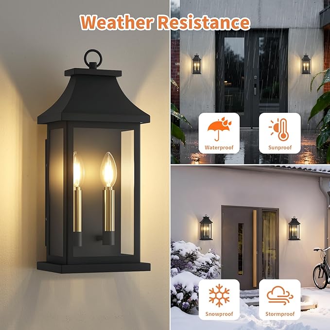 tewei 2-Light Black Outdoor Light Fixture Porch Light Outdoor Wall Sconce Lantern 18'' Exterior Lighting Fixture Wall Mount E12 Gold Base Outside Light for House Backyard Garage 1-Pack