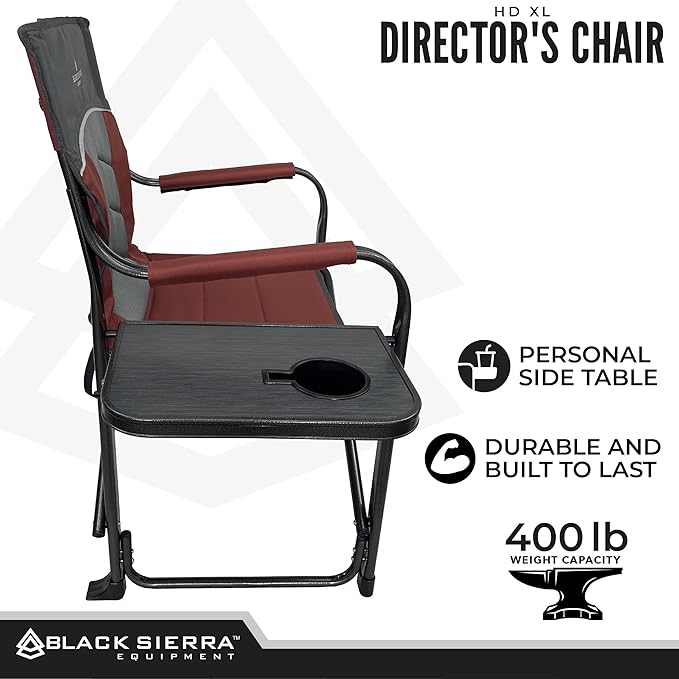 XL Directors Chair with Foldable Side Table Heavy Duty Camp Chair supports 400 Lbs Oversize Outdoor Folding Seat with High Back and Padded Armrests for Lawn Beach Tailgating Sports