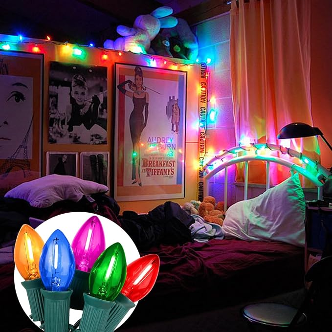 C7 LED Christmas String Lights25Ft Multicolor Outdoor Lights with 27 Energy-EfficientWaterproof Clear Bulbs for Indoor/Outdoor Holiday &amp Party Decor